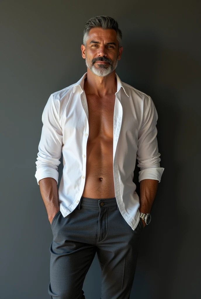 Mexican man(Latin), 60 years old, Handsome and elegant,beardless, Wearing a  transparent shirt, sexy , Masculine and handsome，musculous，Muscles look good，with fair skin,, Full body photo,(ultra-detailed, photorealistic, best quality, 4k, 8k, highres, masterpiece:1.3), charming  , (muscular build body), wearing tailored shiny  dress shirt, with the top button casually undone, perfectly fitted charcoal trousers, sweat, unbutton buttons shirt, lewd face ,tight chest, sex, erotic, horny,  Accessories include a luxury wristwatch , in crowded places,looking at viewer,muscle veins, sexy posing,lying on the ground,top view,Wet shirt reveals muscles,No underwear,lewd smile