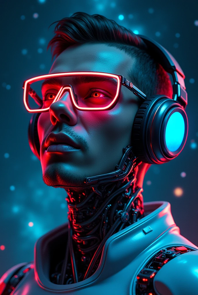 A highly detailed 20-year-old male cyborg, with a focus from the shoulders up, looking slightly towards the camera. The cyborg should have a futuristic and sleek appearance, featuring polished metal, intricate mechanical details, and neon glowing cybernetic implants. Include cyberpunk technology elements, such as rectangular cyberpunk-style glasses and cyberpunk headphones. His eyes should be glowing and enigmatic, with an expression suggesting contemplation or curiosity. The background should be a dark cosmic setting with a cinematic and professional style, incorporating deep space elements like stars and nebulae. The transition between the cyborg's technology and the cosmic background should be smooth and harmonious, creating a striking and immersive visual contrast