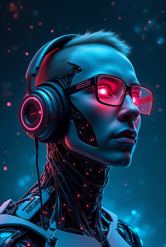 A highly detailed 20-year-old male cyborg, with a focus from the shoulders up, looking slightly towards the camera. The cyborg should have a futuristic and sleek appearance, featuring polished metal, intricate mechanical details, and neon glowing cybernetic implants. Include cyberpunk technology elements, such as rectangular cyberpunk-style glasses and cyberpunk headphones. His eyes should be glowing and enigmatic, with an expression suggesting contemplation or curiosity. The background should be a dark cosmic setting with a cinematic and professional style, incorporating deep space elements like stars and nebulae. The transition between the cyborg's technology and the cosmic background should be smooth and harmonious, creating a striking and immersive visual contrast