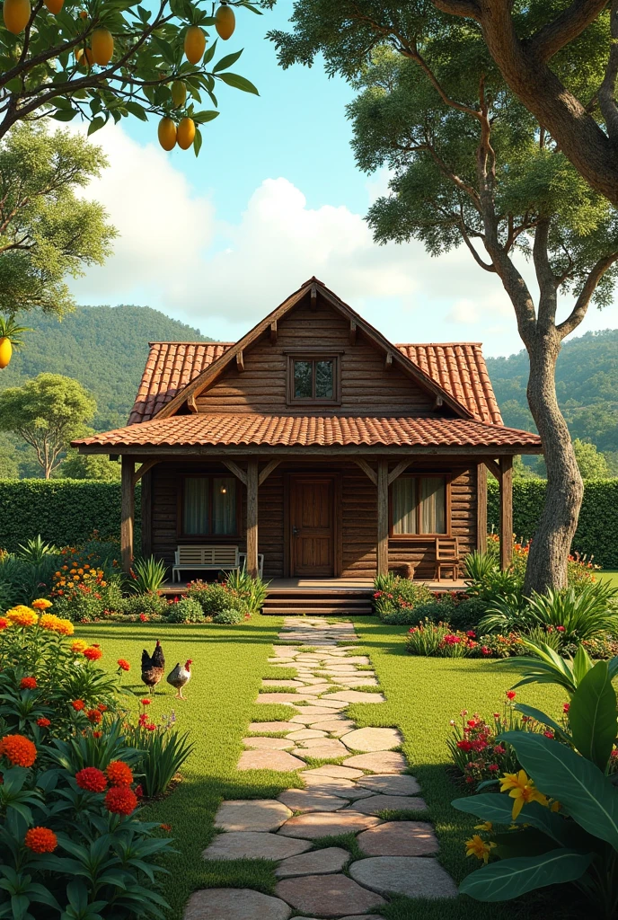 Create a project for the construction of a farmhouse on a thousand square meter plot with a small house, Typical fruit trees of Brazil , Hen house, garden and yard.