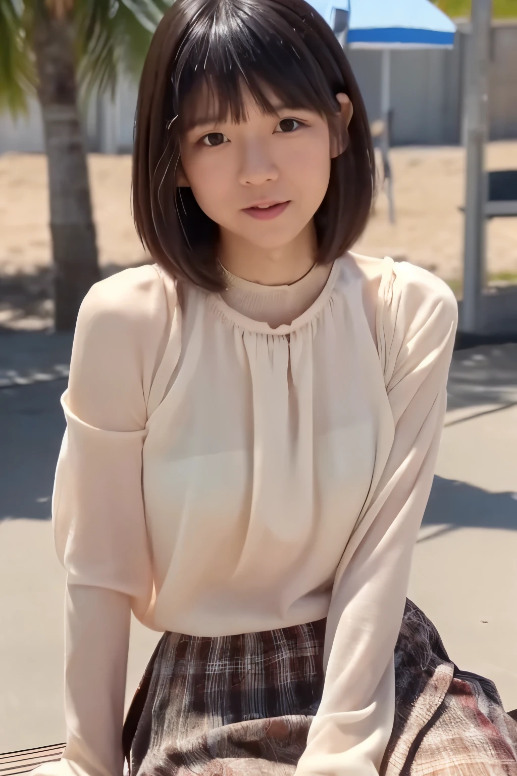 8k, highest quality, masterpiece, phòtogravúre, super high resolution, (realistic:1.4), RAW Photos, (Film Grain:1.3), One Girl, a skinny Japanese woman, 30 years old, sitting on the beach. She has a cute face and black hair. She is wearing a white blouse on nude, a gray pleated skirt. (She is spreading legs wide: 1.6), ((the skirt flutters in strong winds.)) (Real skin texture:1.3), correct body anatomy, ((detailed face, detailed eyes))