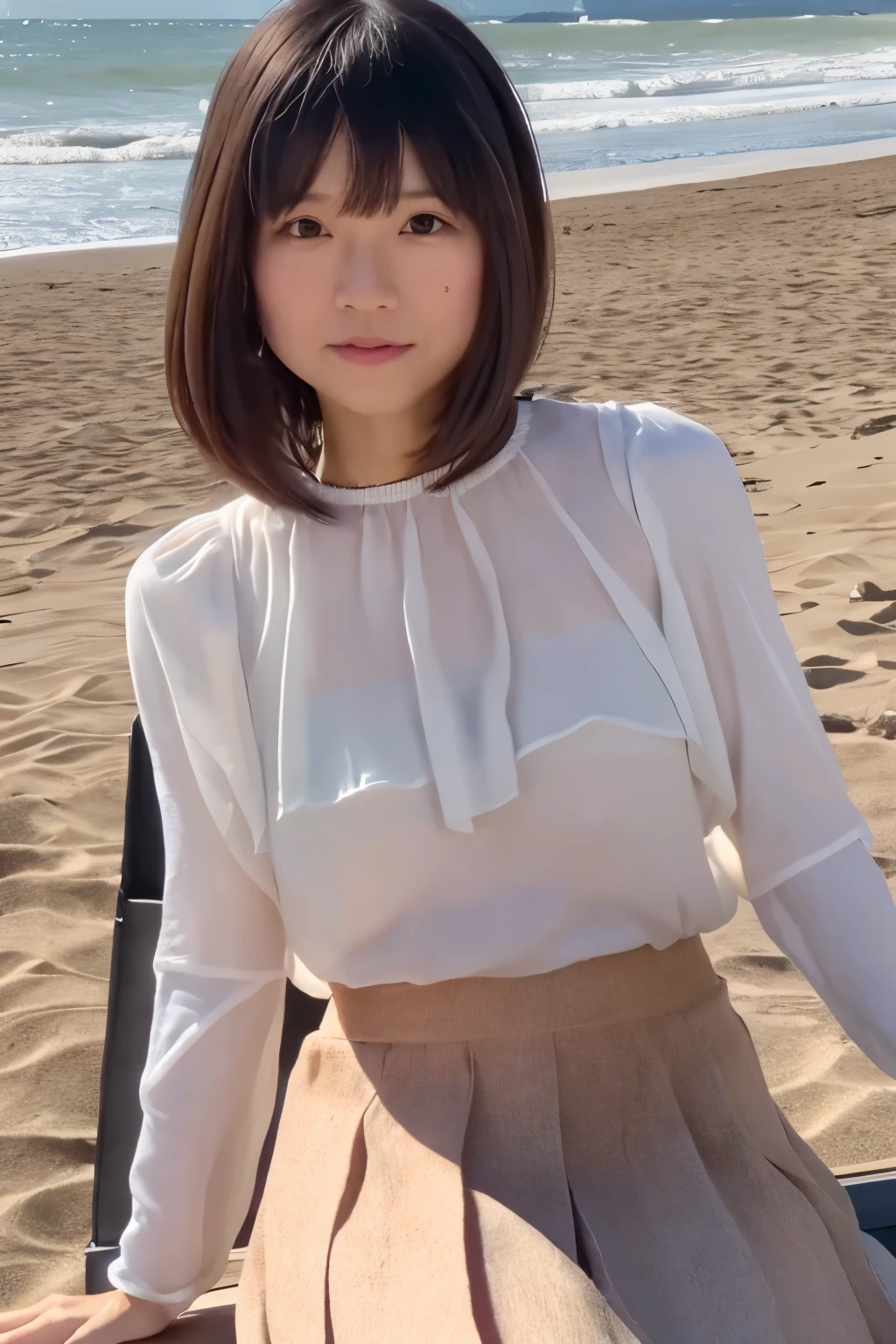 8k, highest quality, masterpiece, phòtogravúre, super high resolution, (realistic:1.4), RAW Photos, (Film Grain:1.3), One Girl, a skinny Japanese woman, 30 years old, sitting on the beach. She has a cute face and black hair. She is wearing a white blouse on nude, a gray pleated skirt. (She is spreading legs wide: 1.6), ((the skirt flutters in strong winds.)) (Real skin texture:1.3), correct body anatomy, ((detailed face, detailed eyes))