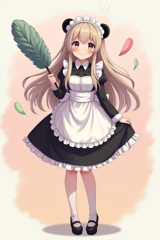 Maid Girl, Smile, long hair, panda ears, simple background,