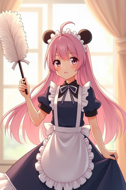 Maid Girl, Smile, long hair, panda ears, simple background, 