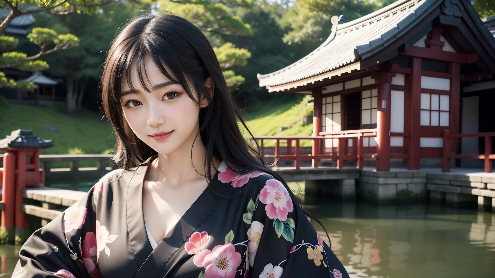 smile, 最high quality、high quality、Best image quality、8k、最High resolution、High resolution、temple, Realistic photos, Healthy body, Beautiful Eyes, Flowing black hair, Colorful kimono, Calm expression, Soft lighting, Traditional Japanese art style, Vibrant colors, Peaceful atmosphere, Delicate features, Graceful posture, Beautiful Landscape
