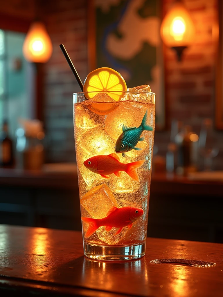 When I drink this cocktail, it feels like I'm drinking an entire ecosystem. Colorful fish swim in his transparent glass with ice cubes and a slice of lemon. The lighting in the pub makes them much more interesting. 16к, uhd