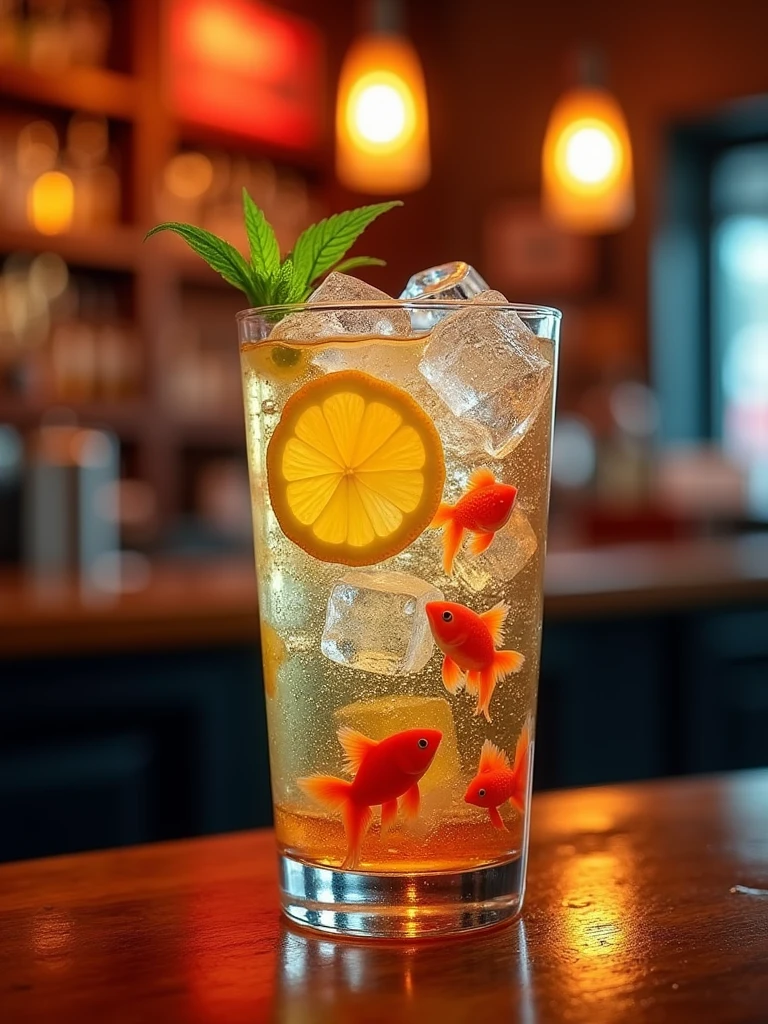 When I drink this cocktail, it feels like I'm drinking an entire ecosystem. Colorful fish swim in his transparent glass with ice cubes and a slice of lemon. The lighting in the pub makes them much more interesting. 16к, uhd