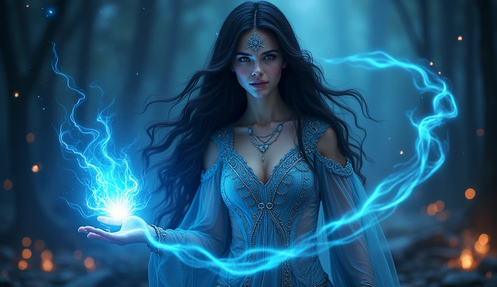Fantasy-themed digital artwork featuring a young Mage woman with long, wavy dark hair and light skin. fantasy dress. Her face is adorned with glowing blue, flash-like patterns, and she has intense, focused eyes. She is surrounded by swirling blue magical energy, which she appears to be controlling with her outstretched hand. The background is dark with scattered, glowing embers flames, adding to the mystical atmosphere.