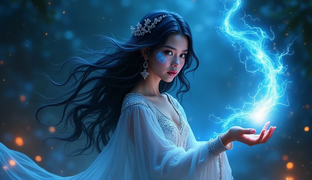 Fantasy-themed digital artwork featuring a young Mage woman with long, wavy dark hair and light skin. fantasy dress. Her face is adorned with glowing blue, flash-like patterns, and she has intense, focused eyes. She is surrounded by swirling blue magical energy, which she appears to be controlling with her outstretched hand. The background is dark with scattered, glowing embers flames, adding to the mystical atmosphere.
