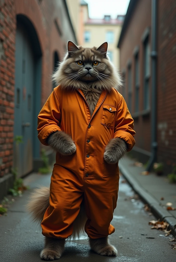 Peke-Face Persian cat with huge muscles like bodybuilding champions wearing prison clothes realistic real