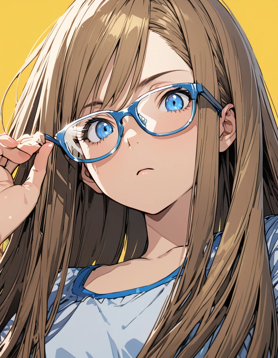 (masterpiece)、(absurdres)、(ultra detailed)、(8k),Anime illustration,BREAK,(yellow simple background:1.4),BREAK,(touched Simple glasses),potrait shot,Expressionless:0.9,solo lady、dark blonde hair:1.2,(straight long hair)、BREAK、(half- closed shiny blue eyes:1.0)、BREAK、(athletic)、[flat chest]、(pierce:0.8)、from below,