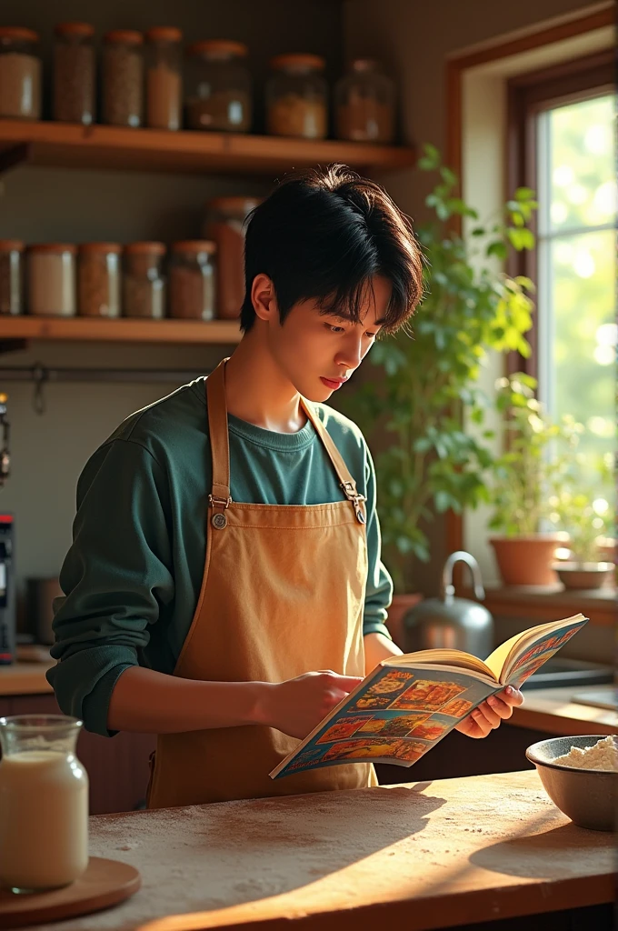 Namjoon from BTS cooking while looking at the recipe