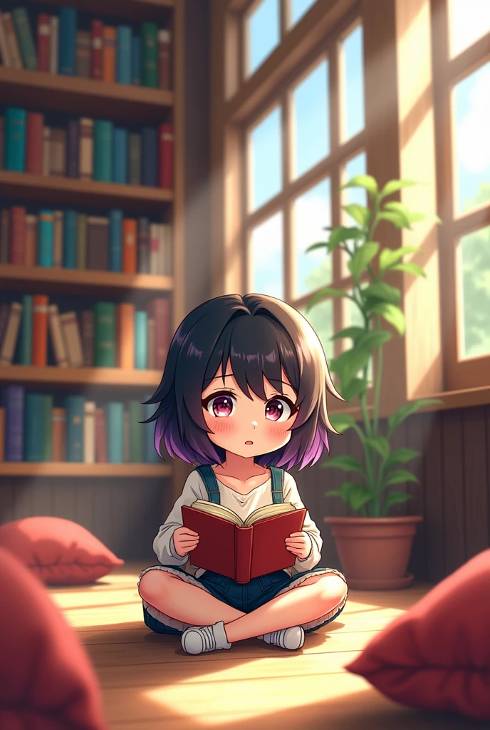 An anime chibi cartoon of a college student reading in the library