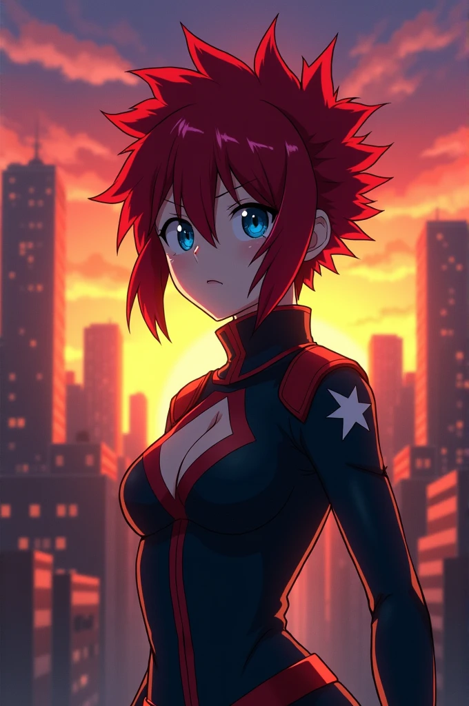 Create an anime character with red hair, clear blue eyes, with uniform, serious expression, in the style of Boku no Hero