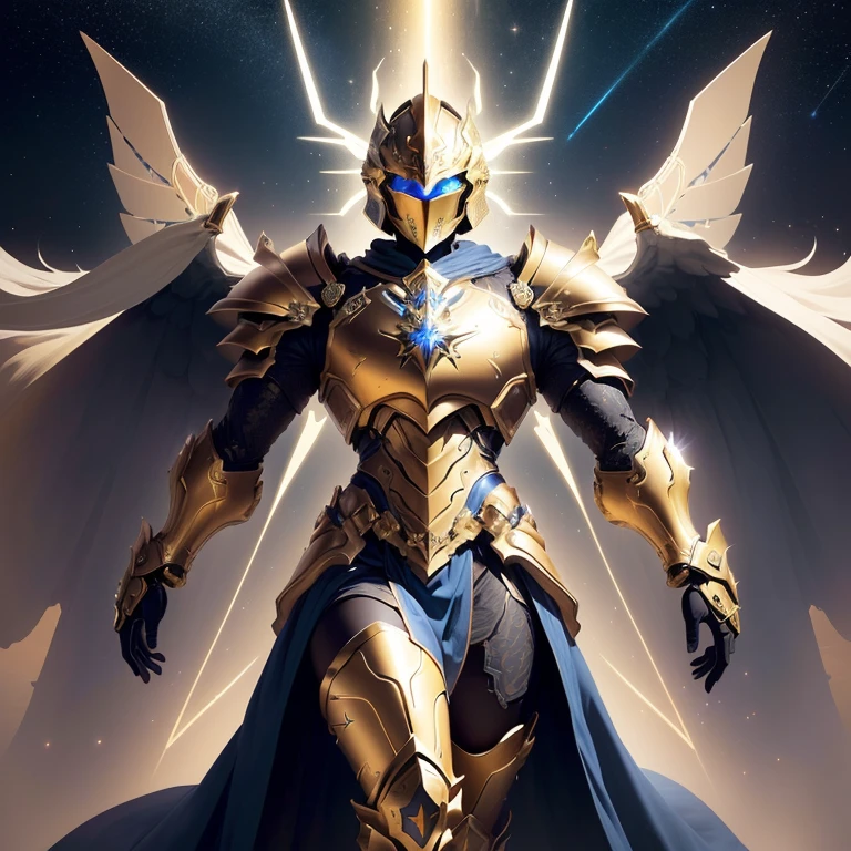 Faça um HOMEM: The image presents a golden knight in highly detailed armor, inspired by the Knights of the Zodiac, particularly the Sagittarius armor from the Omega series. The figure, a male or someone of masculine gender, is positioned facing the screen, ensuring a clear and focused view of all the intricate details, with a special emphasis on the shoulder pads.

The pauldrons are large, curving outward and upward, resembling the wings of a bird, a key feature of the Sagittarius armor. These shoulder pads have a smooth, polished golden finish, with angular lines that suggest both strength and elegance. The design of the pauldrons is unique, extending slightly beyond the shoulders in a wing-like formation, giving the knight a regal and majestic appearance, reminiscent of celestial wings.

The helmet is aerodynamic with a central crest that projects upwards, adding to the commanding presence of the knight. The visor glows softly with a blue light, integrating a high-tech, futuristic touch to the overall design. The chest piece consists of segmented golden plates arranged in a symmetrical pattern, providing both protection and an air of nobility. In the center of the chest, a gem or crystal emits a soft, mystical glow.

The arms are protected by articulated golden plates, with the gauntlets being robust yet refined, blending the futuristic elements with the classic style of the Zodiac armors. The legs are similarly armored, with segmented plates covering the thighs, knees, and shins, ending in angular boots that convey a powerful and grounded stance.

The background of the image is set against a dark cosmic scene, with rocky terrain illuminated by distant stars and nebulae. The golden armor gleams brightly against this backdrop, emphasizing its divine and powerful nature. Dynamic lighting highlights the polished surfaces, especially the wing-like shoulder pads and the glowing central gem, reinforcing the knight's mystical and imposing aura.
