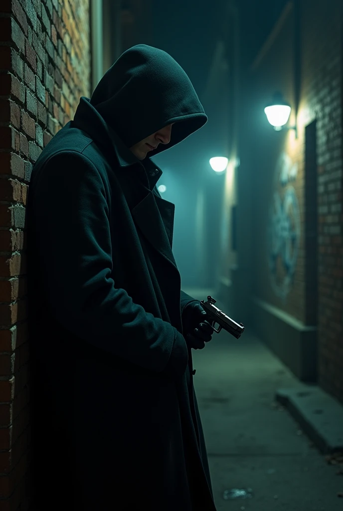 Man with a hidden gun waiting for the other to turn his back in the dark alley