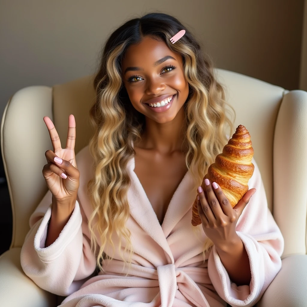 very Curly hair blond, no make up, Toffee color skin, beautiful caribean toffee mixed girl with long blond curly hair and extremely detailled clear yellow eyes , sexy curvy full body, She is sitting on a cream-colored armchair, and makes a V with her fingers of her left hand to the viewer, she holds a croissant in her right hand, She smiling, She wears a pale pink bathrobe and has her hair tied with a pale pink clip. In a nude house