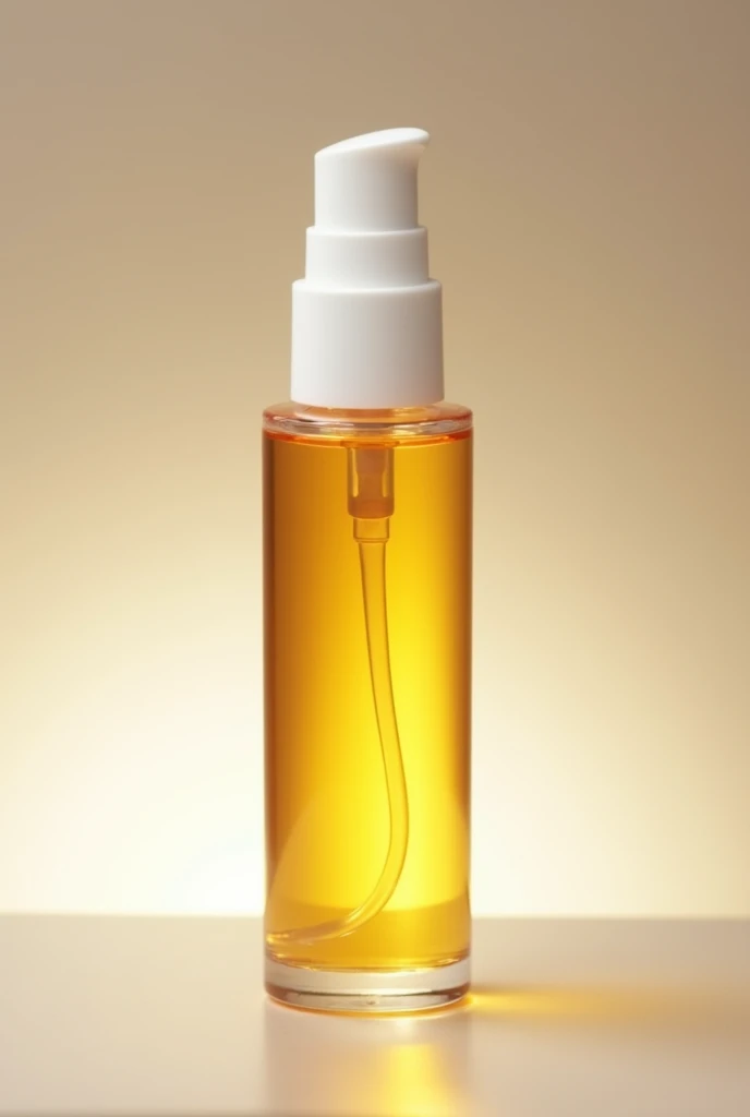 Create a PET bullet container, 250ml conventional tall thin cylindrical linear with white atomizer, This container should include bright golden liquid