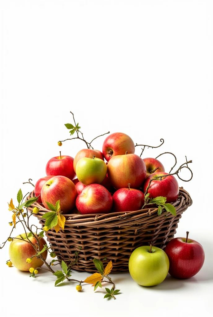 rustic basket overflowing with apples, surrounded by tangled leaves and curly vines,pure white background