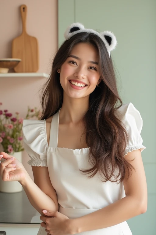 Woman maid, Smile, long hair, panda ears, simple background,