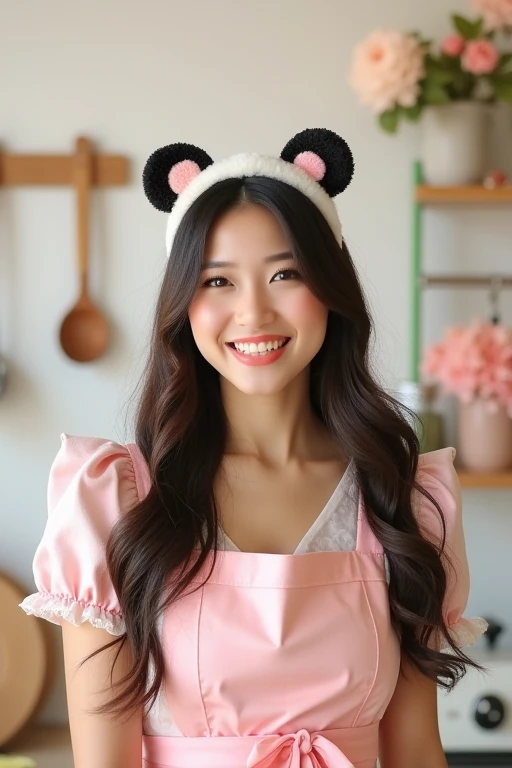 Woman maid, Smile, long hair, panda ears, simple background, 