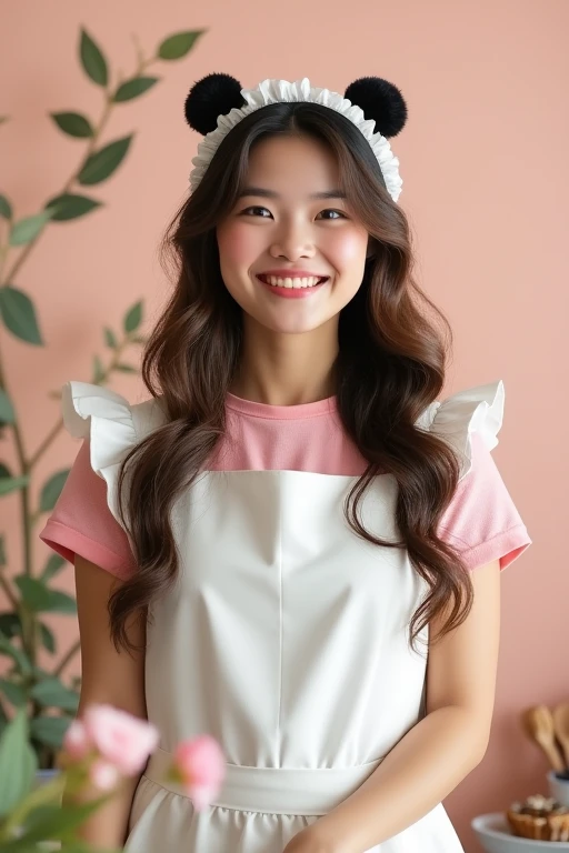 Woman maid, Smile, long hair, panda ears, simple background,