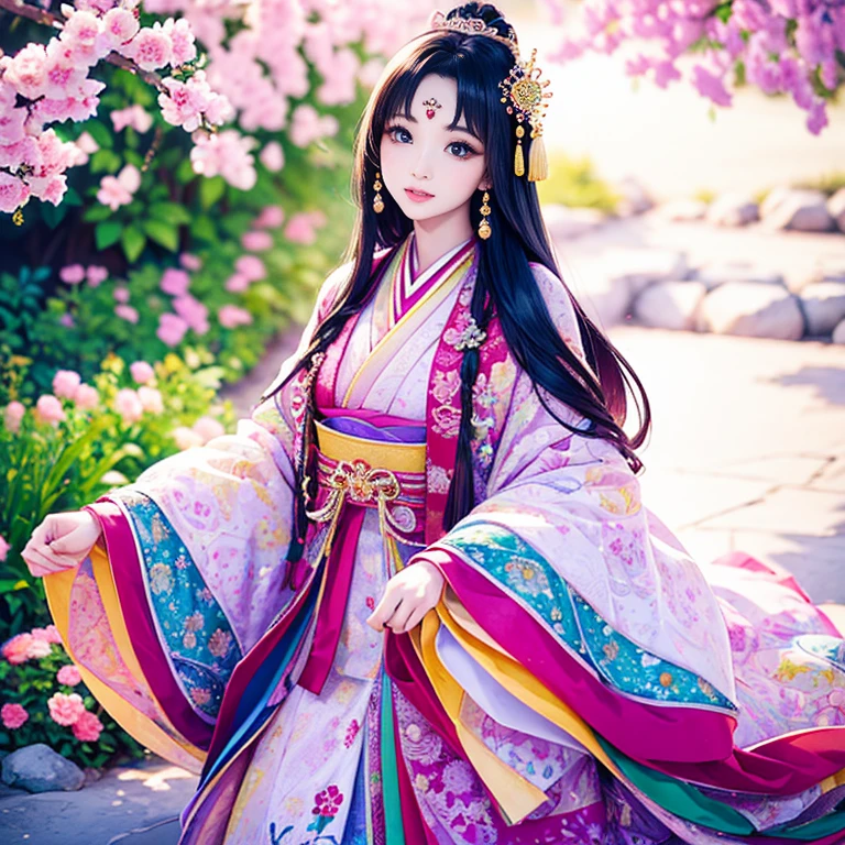 ( High resolution、 Super detailed、masterpiece、Highest quality、8k)、Heian period in Japan、(NHK Taiga Drama、To the Shining One)、Fujiwara Akiko、palace、The Empress of the Palace、Young beautiful woman、Beautiful Face、Beautiful Face、Pretty lips、(12 single coats、Light pink、Light purple、yellow、green、blue、red、White color、Colorful overlapping)、(Full Body Shot)、Long black hair、Jewel Ornament、background、garden、Colorful flowers、Vibrant colors、Detailed Anime、Detailed CG、
