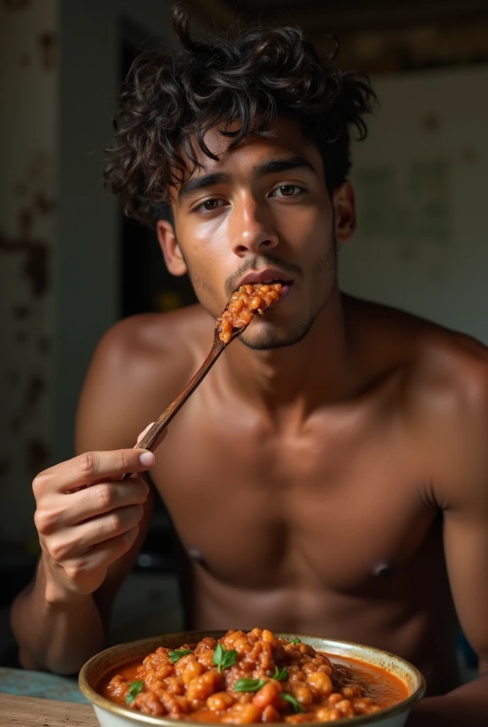 Young brown man, face perfect, honey eyes , skinny sexy , wearing no shirt, muscular unruly hair, is eating feijoada in the favela