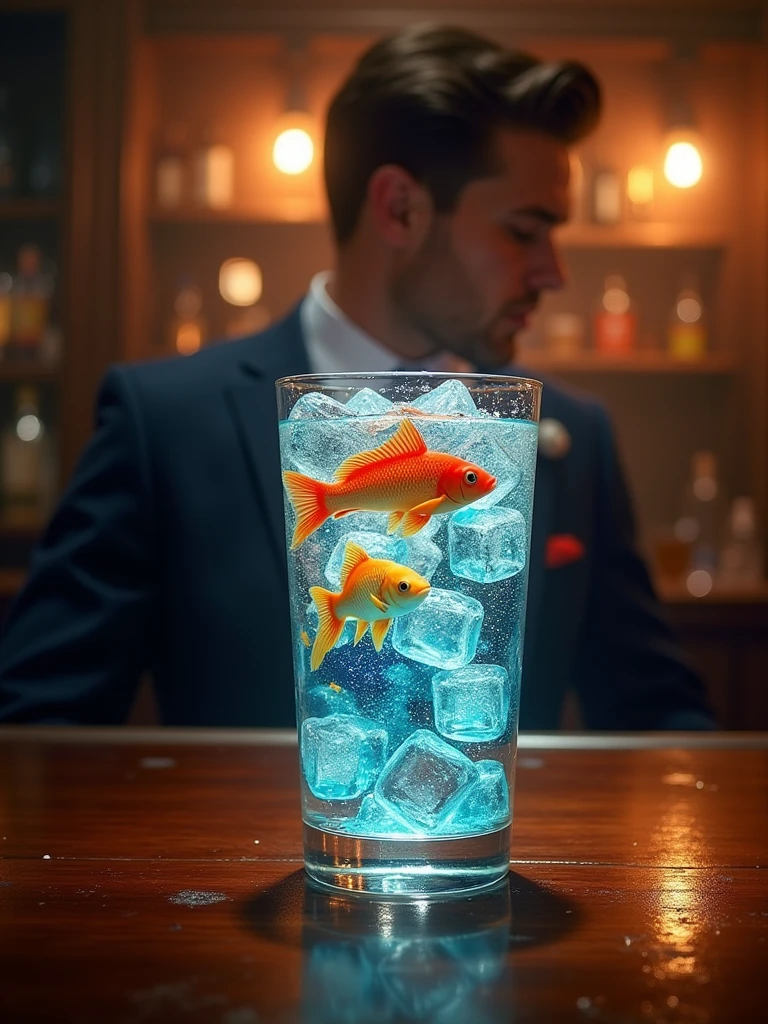 When I drink this cocktail, it feels like I'm drinking an entire ecosystem. Colorful fish swim in his transparent glass with ice cubes. The lighting in the pub makes them much more interesting. 16к, uhd