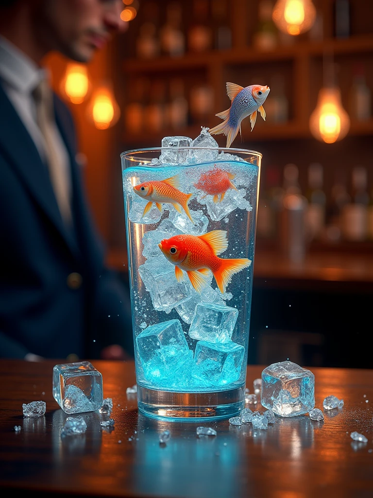 When I drink this cocktail, it feels like I'm drinking an entire ecosystem. Colorful fish swim in his transparent glass with ice cubes. The lighting in the pub makes them much more interesting. 16к, uhd