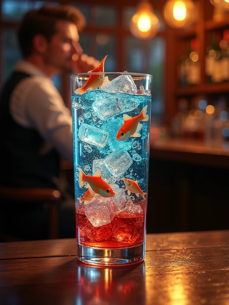 When I drink this cocktail, it feels like I'm drinking an entire ecosystem. Colorful fish swim in his transparent glass with ice cubes. The lighting in the pub makes them much more interesting. 16к, uhd