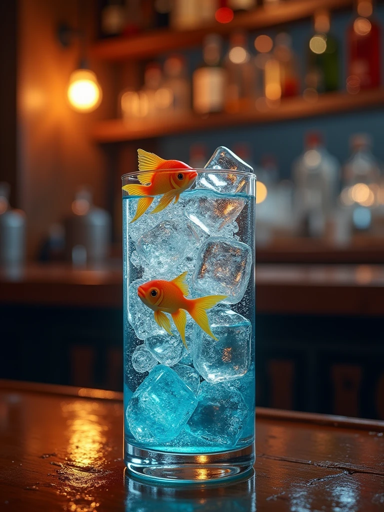 When I drink this cocktail, it feels like I'm drinking an entire ecosystem. Colorful fish swim in his transparent glass with ice cubes. The lighting in the pub makes them much more interesting. 16к, uhd