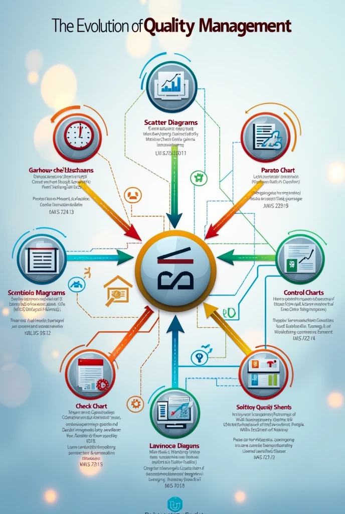 A mind map of the evolution of quality management with each of the 7 quality tools.