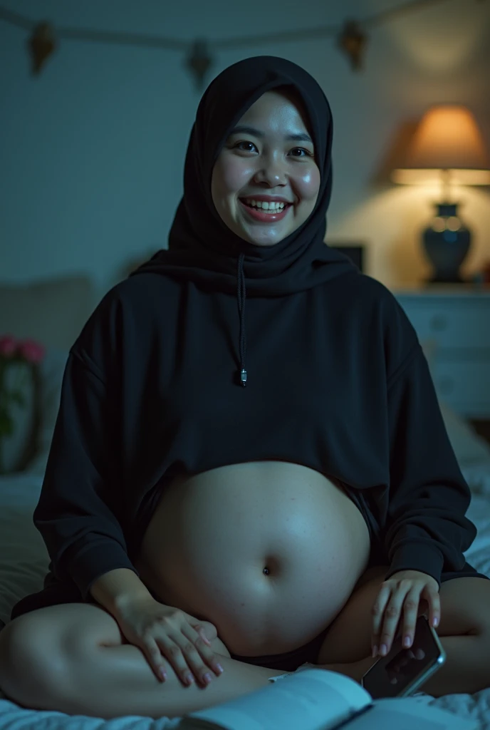 Plump vagina, sweating vagina, Beautiful girl wearing narrow dark hijab malay age girl 18 years old, kelantanese look, cute girl face, smiling, eyes looking at camera, grin, big laugh, big breasts about to burst out, closeup vagina, closeup view, curvy body, curvy hip, showing hairy vagina, vagina view, plump thigh, short body, realistic skin, view from below, spreading legs wide on scattered bed, in student room, books on bed, hand holding smartphone, night time, hard light, 35mm lens, establishing shot, pastel color grading, depth of field cinematography effect, film noir genre, 8k resolution, high quality, ultra detail