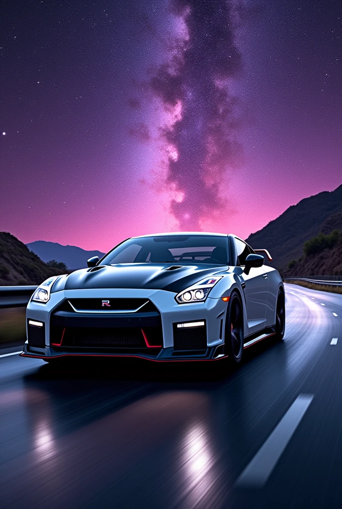 Black and white Nissan gtr nismo tuning car on the road with purple starry sky