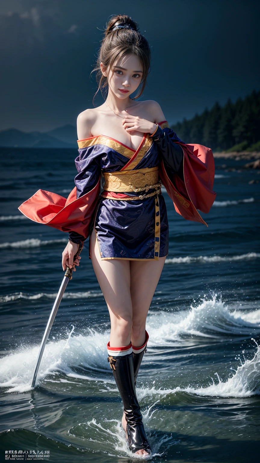 (RAW shooting, Photorealistic:1.5, 8k, Highest quality, masterpiece, Ultra-high resolution), sengoku, fire, War breaks out everywhere:1.3, Perfect dynamic composition:1.2, Highly detailed skin and facial textures:1.2, A slender female samurai wielding a sharp katana:1.3, Fight:1.2, beautifully、aesthetic, Cute and sexy beauty, Perfect Style:1.2, Wear an exquisite ring, fire, water, Wind, thunder, ice, Fair skin, Very beautiful face, (Mid-chest, Chest gap), (Embarrassed smile, Her facial expression when she felt intense caressing, Facial expressions when feeling happy), Dull-colored combat suit,Real sniper,hidden,(Wearing a sexy sengoku uniform:1.1, Off the shoulder), (beautiful grey eyes, Beautiful erotic eyes:0.8), (Too erotic:0.9, Fascinating:0.9), Full Body Shot,Small breasts,Flat Chest,Small hips,thin,Slim figure,Thin legs,Thin thighs,Upper Kick,