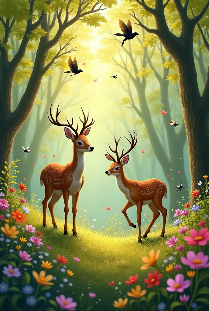 Create an image of The wind is blowing, many black bees are flying arround the flowers. Deers are dancing, Greater coucal and koel birds are singing in the branches of trees in the forest.