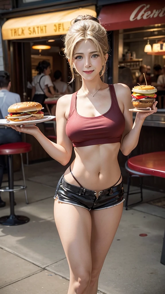 Jennifer Lopes waitress in a vintage 1950s hamburger diner wearing red shorts and a black crop top showing her flat stomach and long legs, Waist slender, Exposed Big Breasts, happy expression of happiness holding a tray with a hamburger, soda and french fries, in the background a traditional American diner.