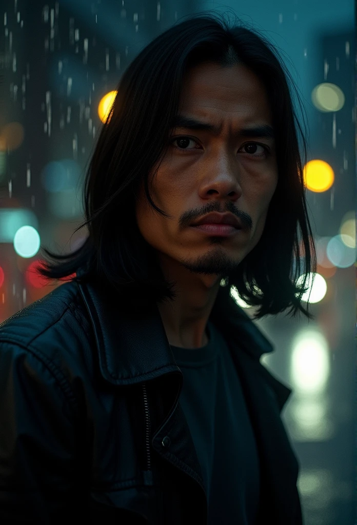 close up of a dark skin Filipino man with long straight hair and black jacket looking worried outside in the dark