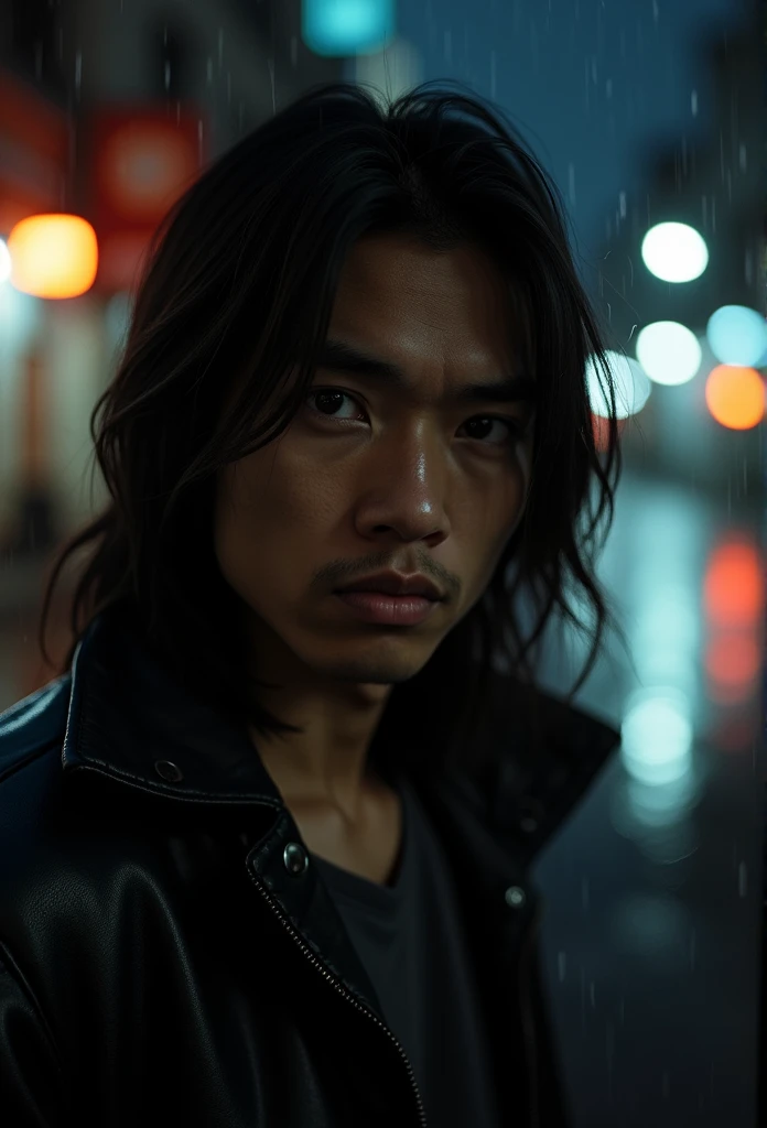 close up of a dark skin Filipino man with long straight hair and black jacket looking worried outside in the dark