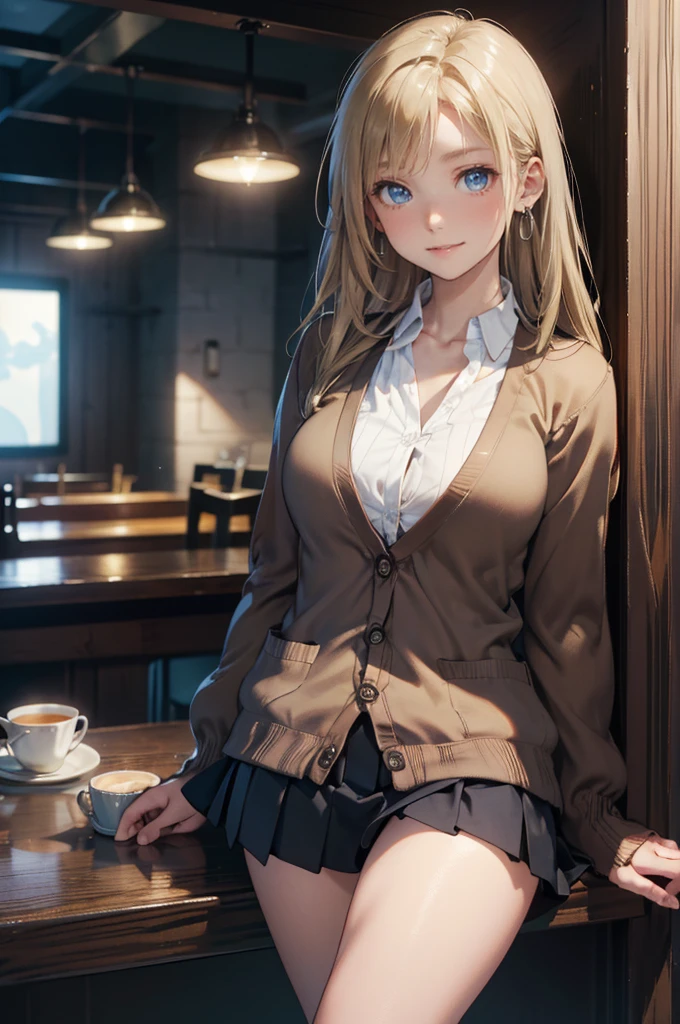 (masterpiece:1.2, Highest quality), (Realistic, photoRealistic:1.4), Beautiful illustrations, (Natural Side Lighting, Cinema Lighting),
View your viewers, 1 person, Japanese, high school girl, Perfect Face, Cute and symmetrical face, Glowing Skin, ,
(Long Hair, Straight hair, Sideburns, (Blonde)), Swept-apart bangs, blue eyes, (Middle chest, Captivating thighs, Big Ass), Earrings,
Beautiful Hair, Beautiful Face, Beautiful attention to detail, Beautiful clavicle, Beautiful body, Beautiful breasts, Beautiful thighs, Beautiful feet, Beautiful fingers,
(((Brown cardigan, Closing the garment), White collared shirt, Black Checkered Pleated Mini Skirt)),
(Beautiful views), evening, (Cafe Shop), Are standing, (nice smile, Upward glance),