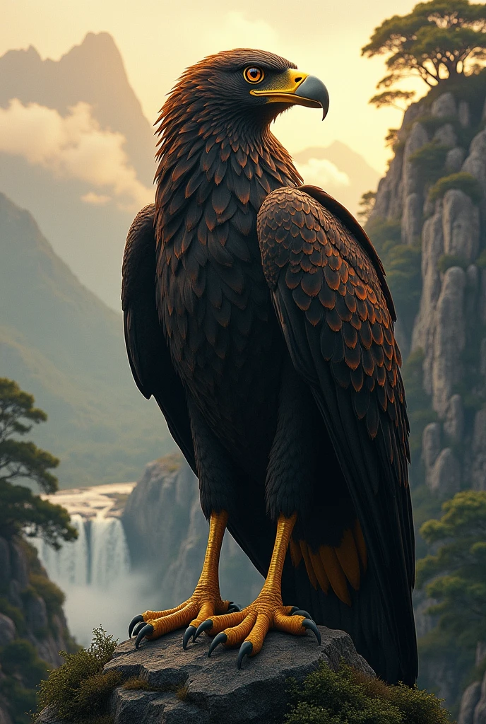 A semi-human eagle with 4 eyes and black gold color
