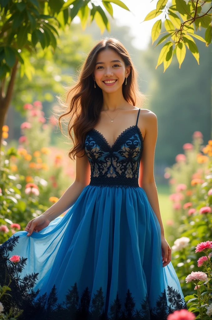  wearing a blue and black dress and smiling 