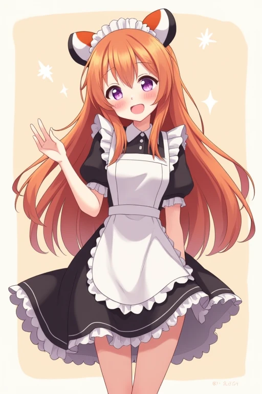 Woman maid, Smile, long hair, panda ears, simple background, anime style, 