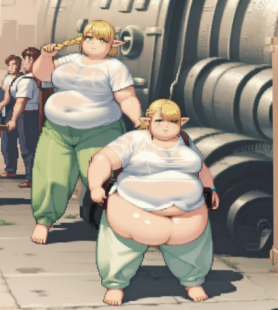 high quality, Pixel, 32 Bits, detailed eyes, 1 solo girl, obese erufuda, short hair, pointy ears, blonde hair, (green eyes:1.5), white t-shirt, green pants, barefoot, braid, big butt, extra big breasts, thick thighs, ((Perfect body)), smile, sunday, 4K