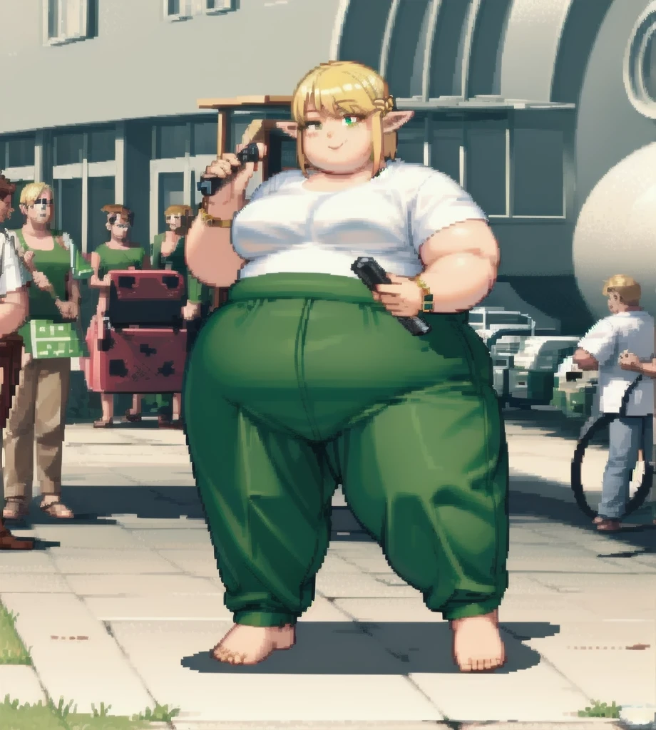 high quality, Pixel, 32 Bits, detailed eyes, 1 solo girl, obese erufuda, short hair, pointy ears, blonde hair, (green eyes:1.5), white t-shirt, green pants, barefoot, braid, big butt, extra big breasts, thick thighs, ((Perfect body)), smile, sunday, 4K