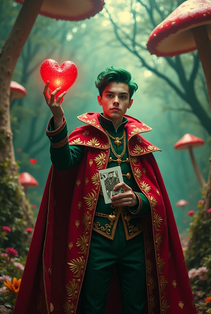 a young villain king based on the king of hearts with a bright human heart in his hand and a deck of cards, inspired by wonderland 