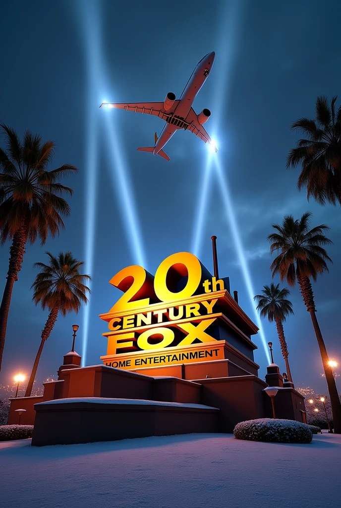  giant  20th century fox  home enterteiment logo (1999-2010, International  with  1994 font home enteeteiment clear down on the stage peace   its night time with the dark sky and an 787 air india jet flying  and its cloudy and its snowing   and it has searchlights  in hollywood wih palm trees