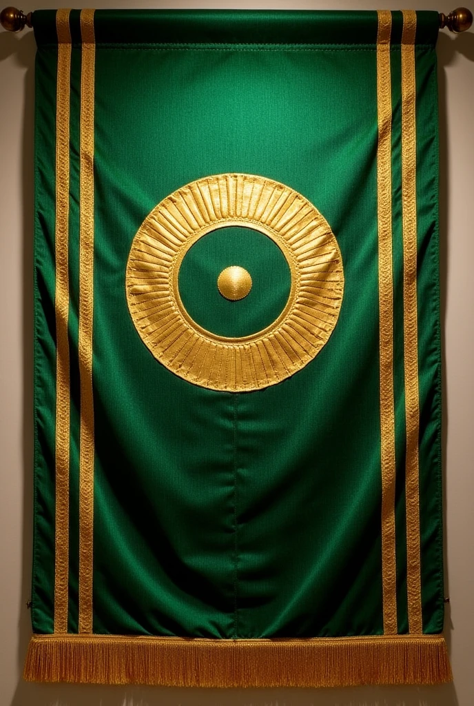 Banner for a lodge in green moiré fabric that contains in its center gold or golden color, Indefectibly the design of two bars or lateral lines in vertical position from left to right and in the middle of them a circle with a dot in the center which is the representation of the two saints John (Baptist and Apostle)