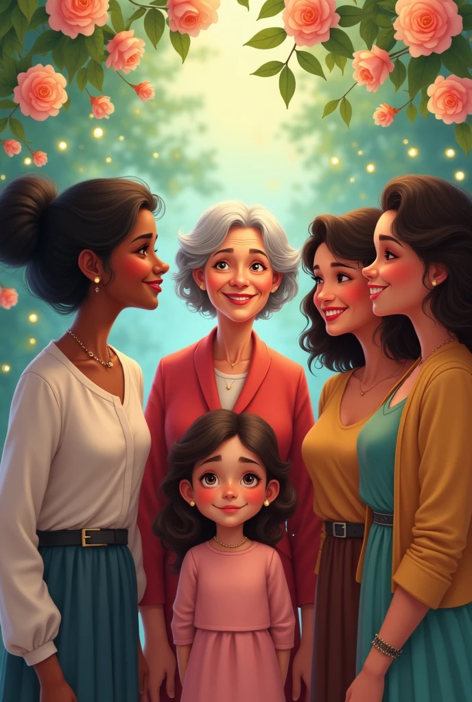 An elderly woman with short black hair and four women and a white-skinned girl . Disney-style drawings